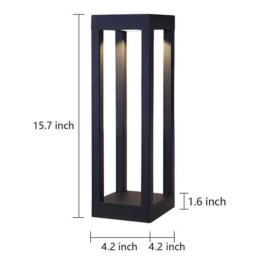 LED bollard garden light with vertical light strips, installed near shrubs for warm and inviting garden ambiance