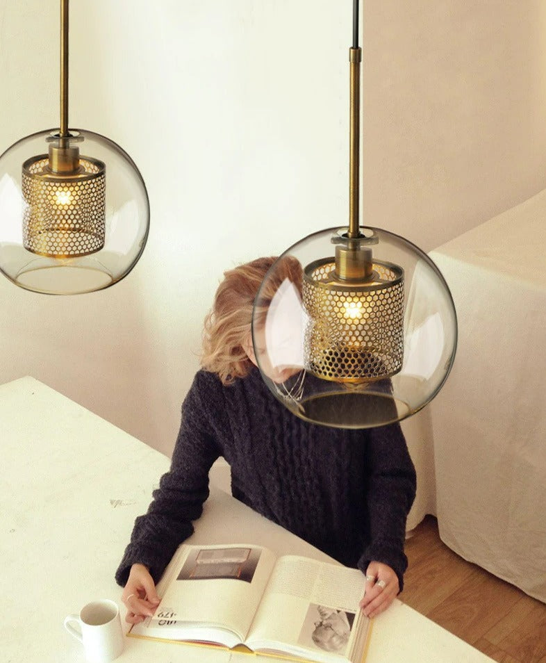 Adonia Glass Pendant Lamp - Retro Design with Honeycomb Brass Shade for Elegant Lighting 22