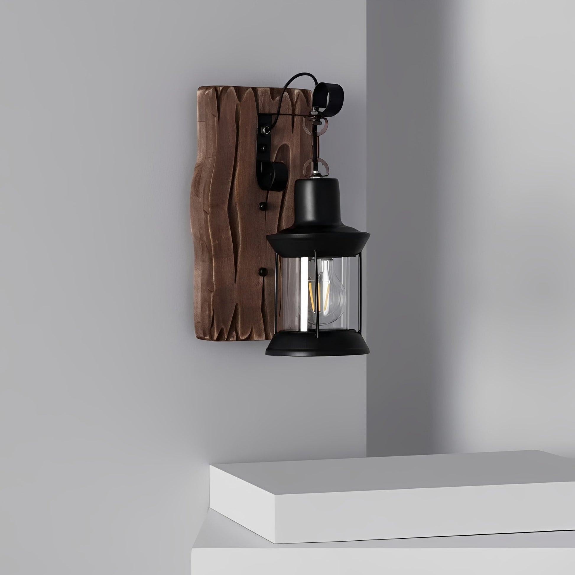 Rustic Charm | Black Lantern Wall Light with Natural Wood Accent – Vintage Style for Indoor and Outdoor Ambiance 2