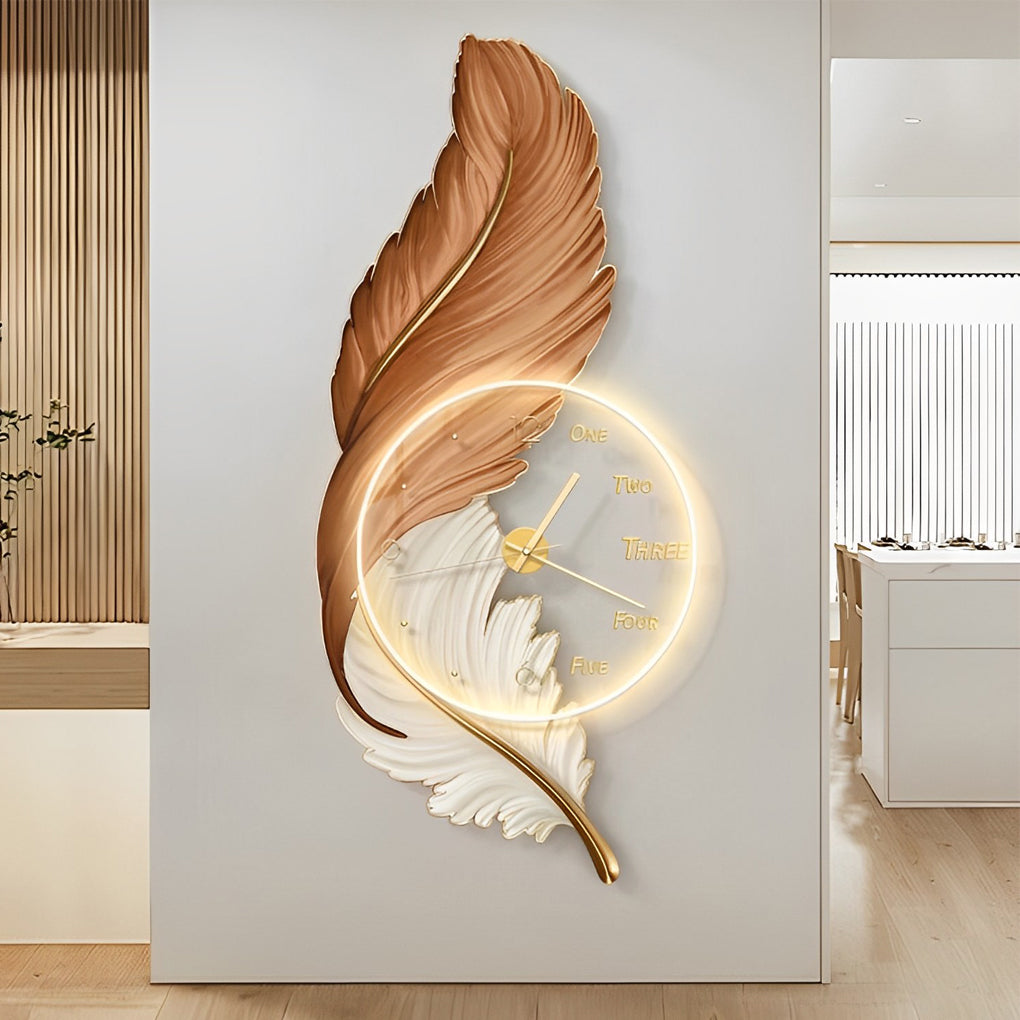 Artistic Feather LED Wall Lamp - USB Rechargeable Acrylic Clock Light for Ambient Illumination 3