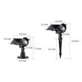 Lawn spot lights with dimensions 5.5x6.5x12.6 inches, showcasing compact design and solar-powered functionality
