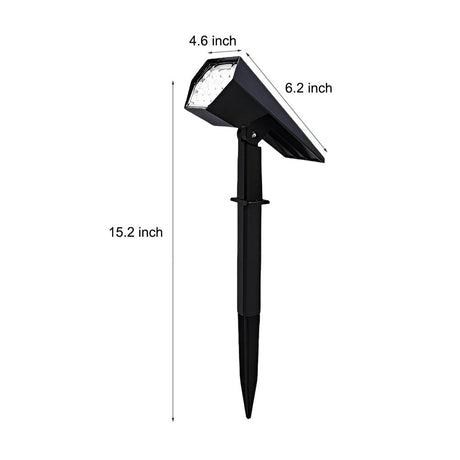 Flood spike light with dimensions labeled, 4.6 x 6.5 x 15.2 inches, for easy garden installation.