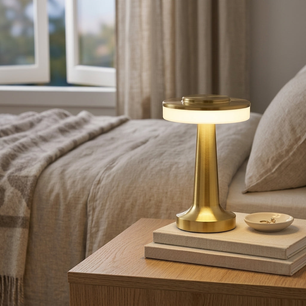 Celestara Cordless LED Table Lamp on bedside nightstand in cozy bedroom
