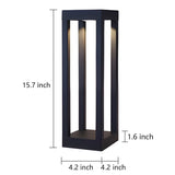 LED bollard garden light with vertical light strips, installed near shrubs for warm and inviting garden ambiance